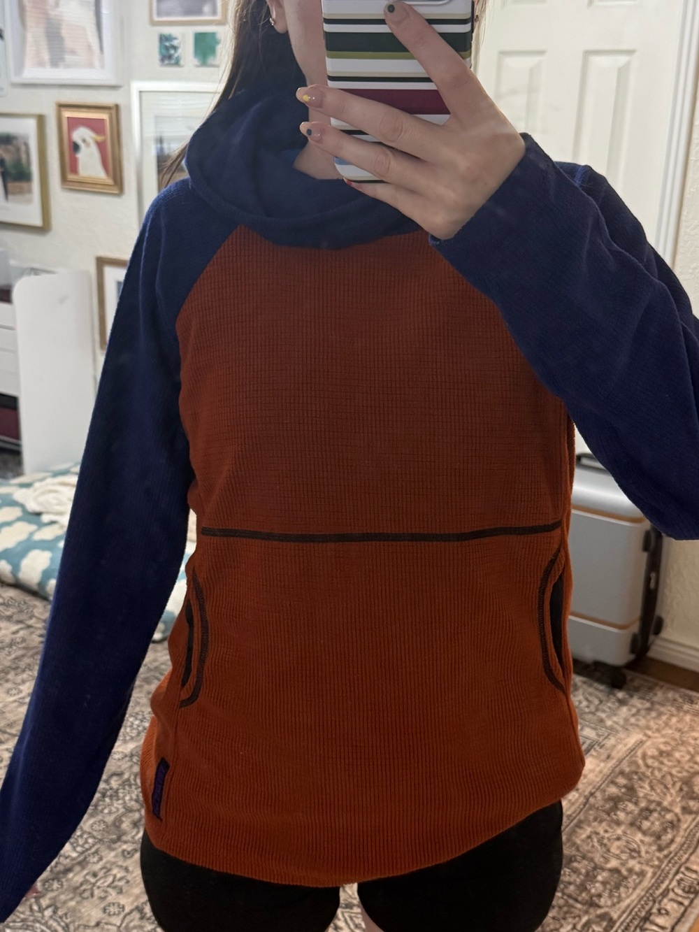 Melanzana Waffle Pullover in Rust with Navy Trim